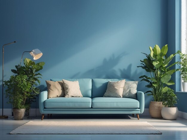 Interior of a bright living room with pillows on a sofa plants and lamp on empty blue wall