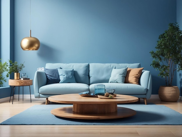 Interior of a bright living room with pillows on a sofa plants and lamp on empty blue wall