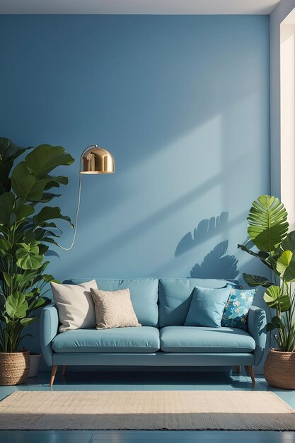 Interior of a bright living room with pillows on a sofa plants and lamp on empty blue wall