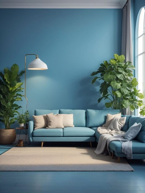 Interior of a bright living room with pillows on a sofa plants and lamp on empty blue wall