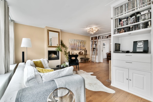 Interior of bright living room with stylish furniture