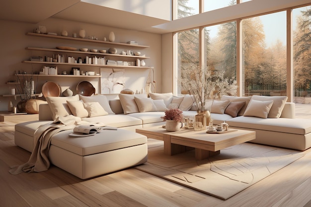 Interior of a bright modern living room in beige colors with soft sofas and cushions