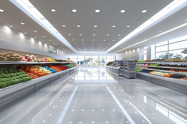 interior of bright white modern supermarket