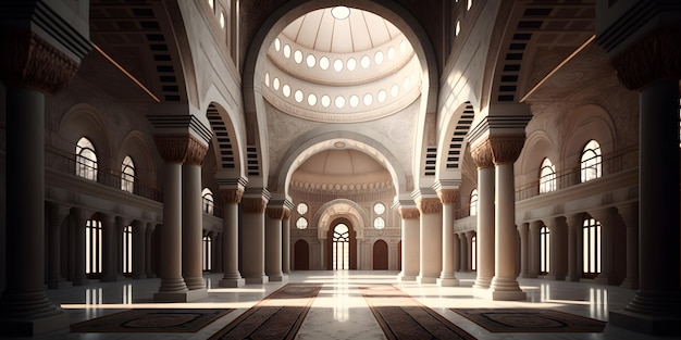 The interior of a building with columns and a dome