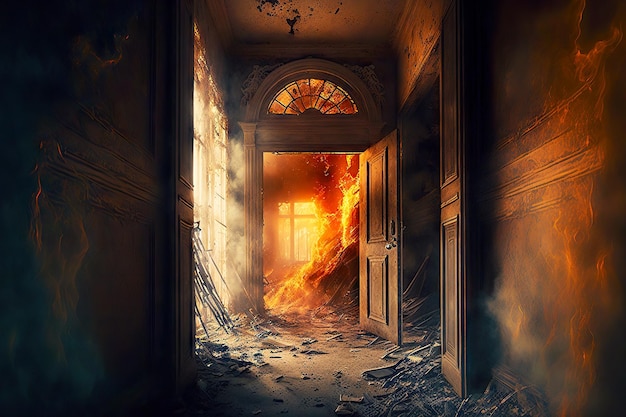Premium Photo | Interior burning house after severe fire covered with