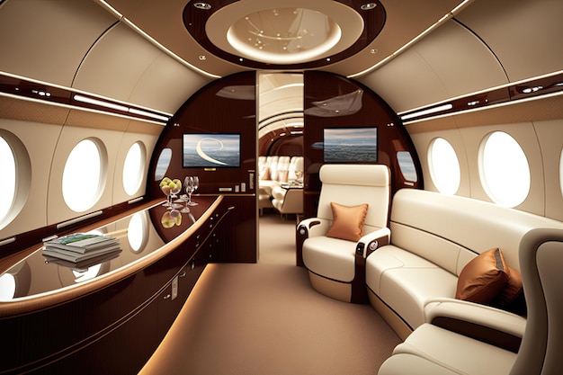 The interior of a business jet The decor is sleek and modern with plush leather seats and polished wood accents Generative AI