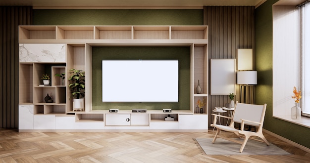 Interior, Cabinet in Modern Green empty room on Livingroom. 3d rendering