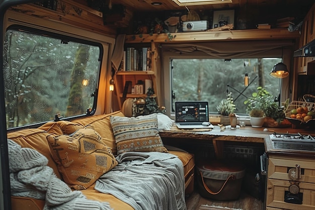 Interior of a campervan with a view of the forest