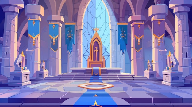The interior of a castle hall with thrones for the king and queen of the castle guards with swords stone statues of king queen Fantasy fairy tale cartoon modern illustration for a pc game