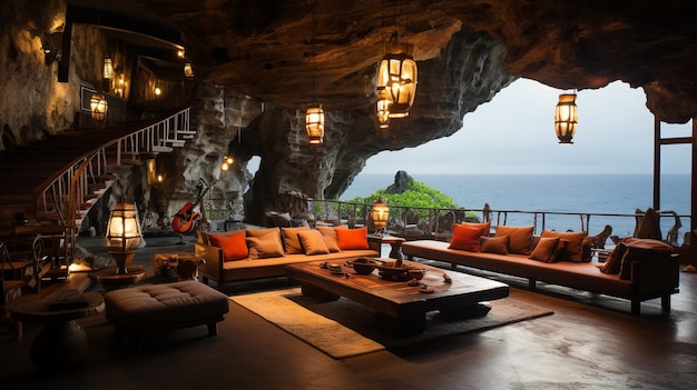 テラスと海の景色を望むタイの洞窟の内部