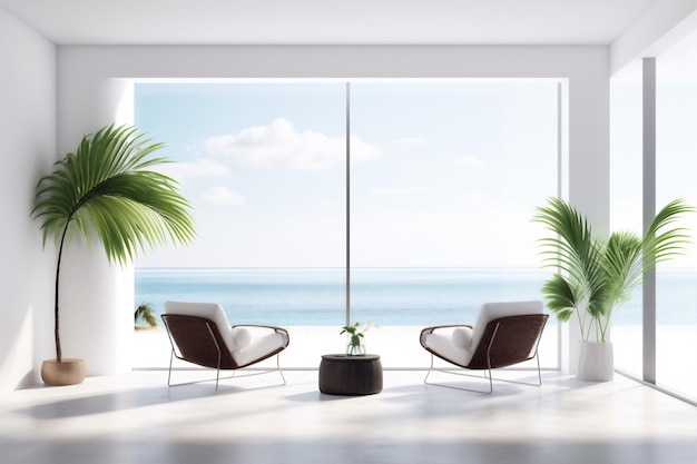 인테리어 의자 벽 식물 빈 햇빛 창 실내 집 바닥 디자인 Generative AI