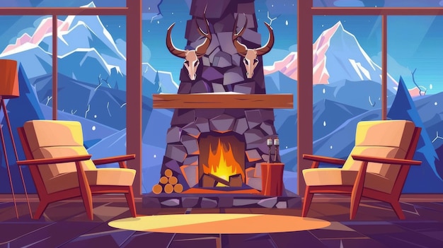 The interior of a chalet house with a fireplace and mountains behind the window Modern illustration of a traditional mountain lodge living room with chairs and horns on the wall