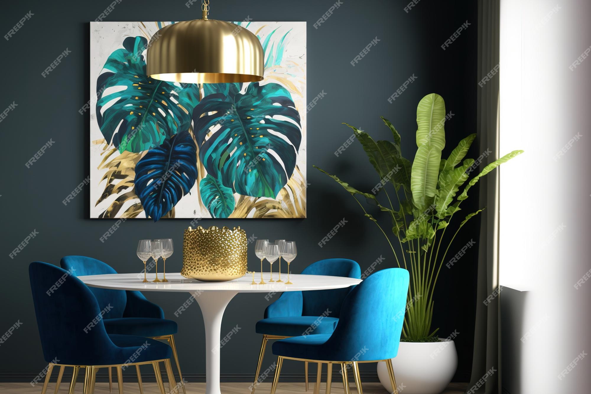 Premium Photo | Interior Of A Chic And Contemporary Dining Area With A  Shared Table Seats Gold Pendant Lamp Abstract Paintings And Fine Accents  Vase With Tropical Leaves Eclectic Interior Design