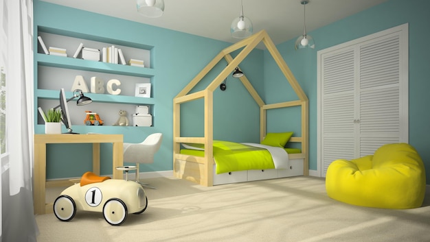 장난감 자동차 3D 렌더링 4와 어린이 방의 내부