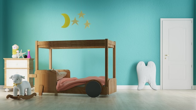 Photo interior children's bedroom with bed . 3d rendering.