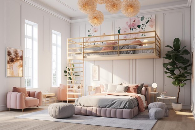 Interior of a children's room with a bed in light pink tones