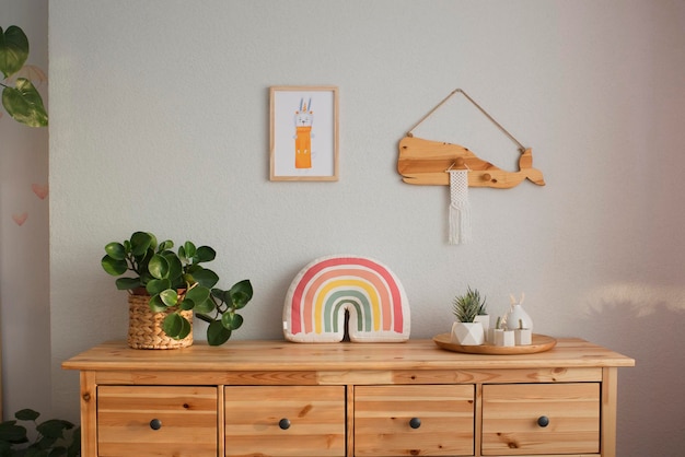 The interior of a children's room with an illustration poster in a frame