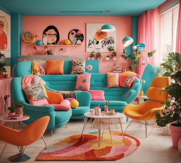 Interior of a childrens room with a blue sofa orange armchairs and pink walls