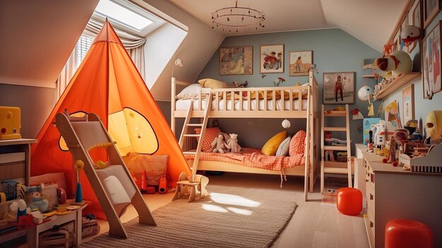 Interior of a childrens room with a red tent and toys