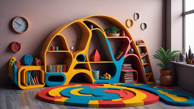 Foto interno di una stanza per bambini con uno scaffale di legno rotondo rendering 3d