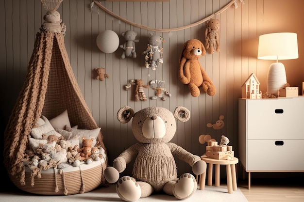 Интерьер детской комнаты, оформленный в стильном скандинавском стиле с натуральными игрушками, подвесными украшениями, современной мебелью, плюшевыми животными, плюшевыми мишками и аксессуарами, загорелыми стенами, дизайном детской