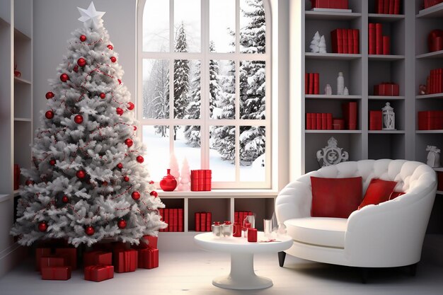 Фото Интерьерный рождественский дизайн в гостиной с декорацией рождественской елки