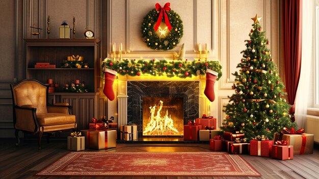 벽난로 선물과 크리스마스 트리와 함께 거실의 내부 크리스마스 Generative Ai