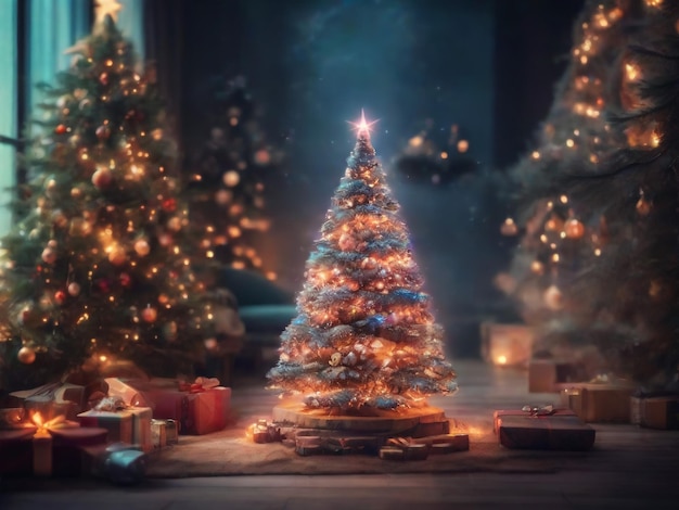 Photo interior christmas magic glowing tree fireplace and gift