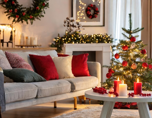 Foto interni natalizio magia albero luminoso camino e regali ai generato