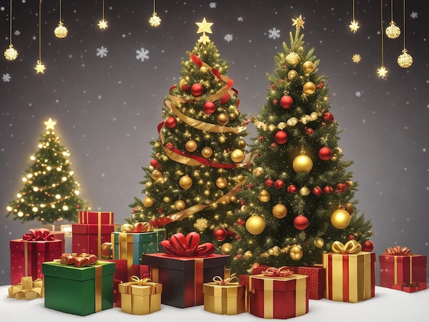 인테리어 크리스마스 마법 빛나는 나무 벽난로 밤에 어두운 선물