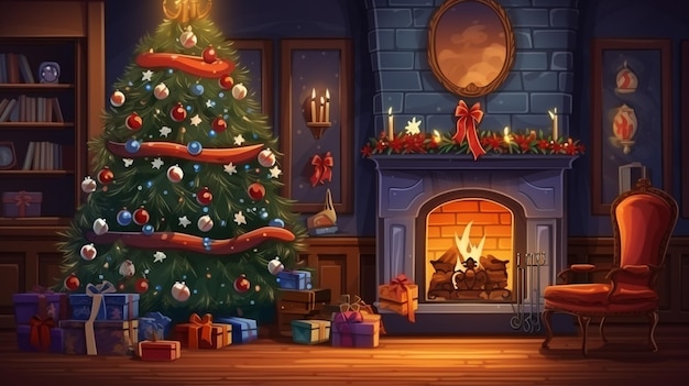 interior christmas magic glowing tree fireplace gifts in dark at night