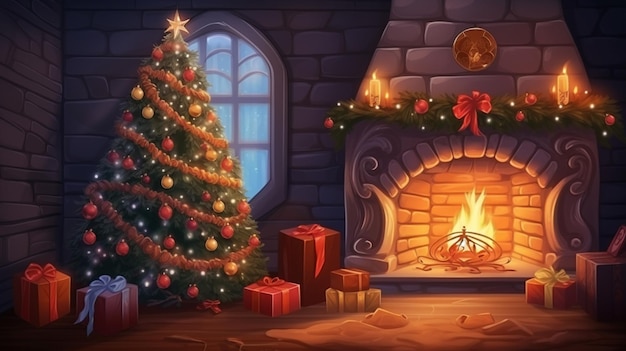 interior christmas magic glowing tree fireplace gifts in dark at night