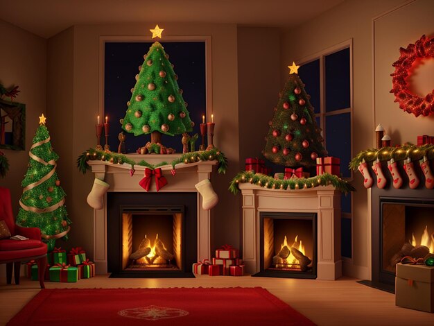 interior christmas magic glowing tree fireplace gifts in dark at night