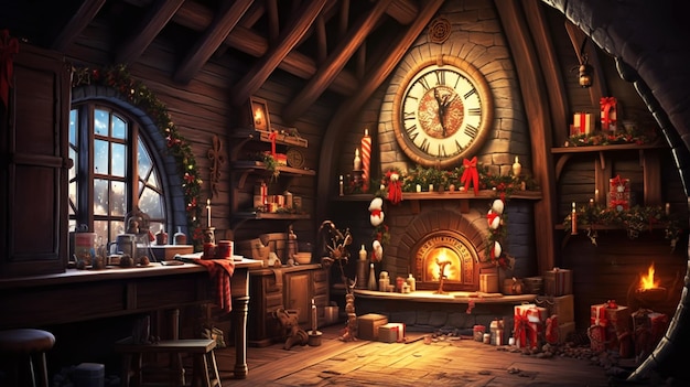 interior christmas. magic glowing tree, fireplace and gifts