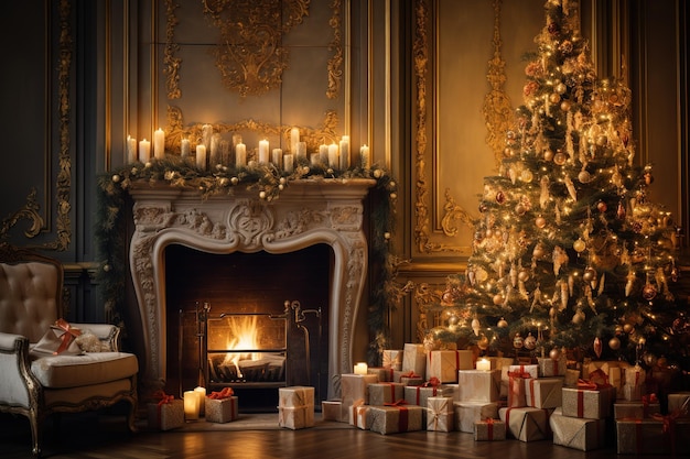 Interior Christmasmagic glowing Christmas tree fireplace and gifts