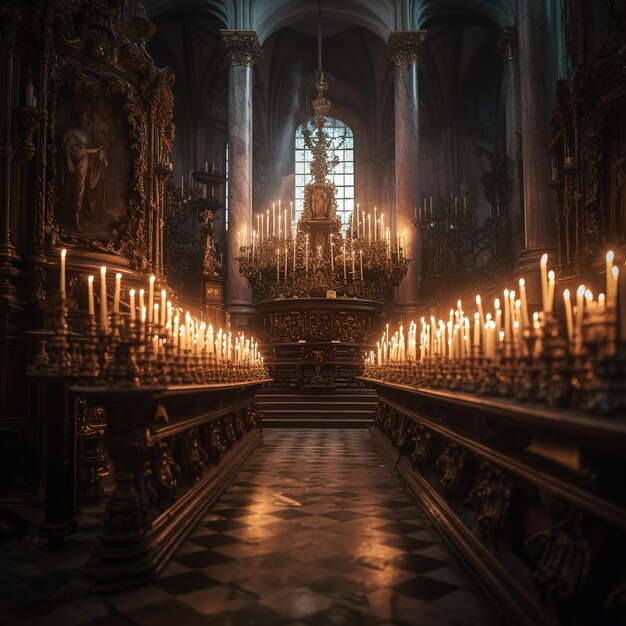 Photo interior of a church bathed in candlelight