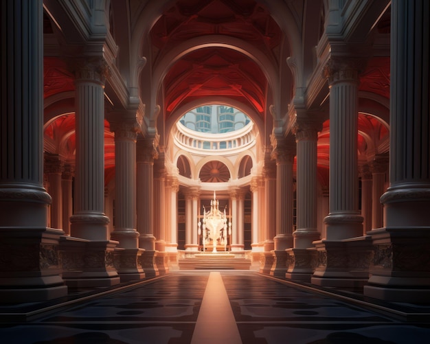 the interior of a church with columns and red lighting