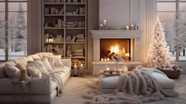 Interior of classic white living room with Christmas decor Blazing fireplace burning candles elegant Christmas tree comfortable sofa and ottoman bookshelves large window with winter forest view