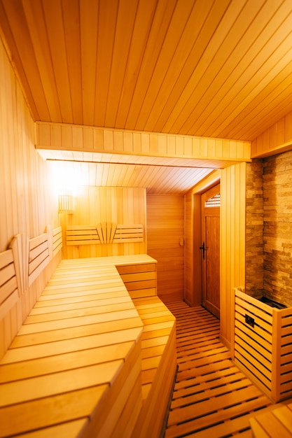 the interior of the classic wooden finnish sauna
