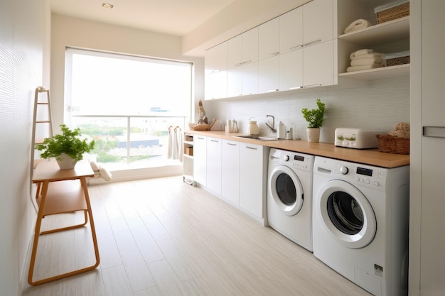 Interior clean white laundry room with front load washer and dryer units condo home Created with Generative Ai Technology