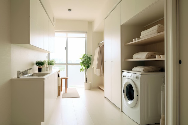 Interior clean white laundry room with front load washer and dryer units condo home Created with Generative Ai Technology