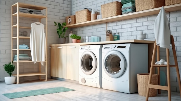 Interior clean white laundry room with front load washer and dryer units Generative Ai Technology