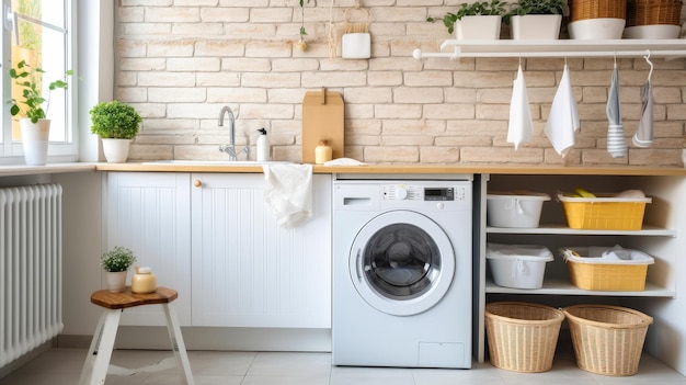 Interior clean white laundry room with front load washer and dryer units Generative Ai Technology