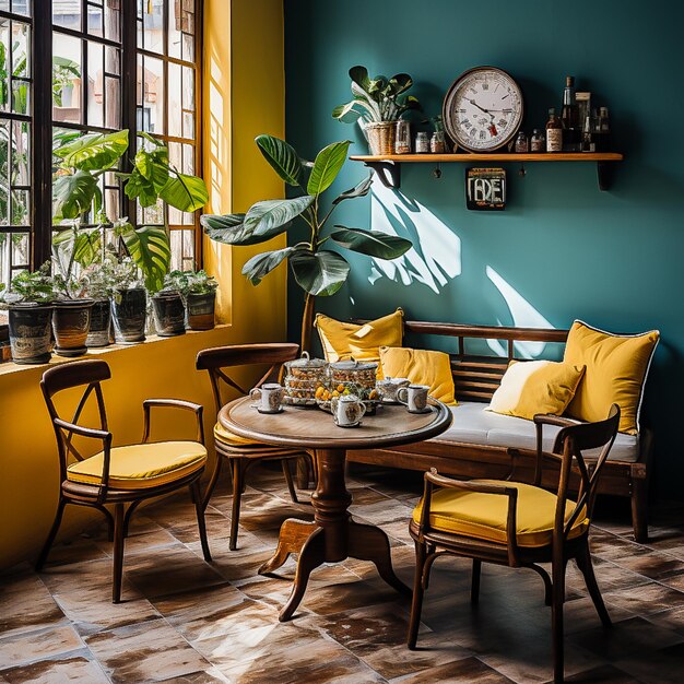 The interior of the coffee shop is bright summer colors turquoise with yellow