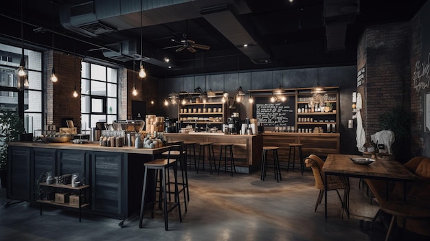 The interior of a coffee shop with a bar and a sign that says'coffee '