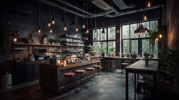 The interior of a coffee shop with a large window and a wooden table