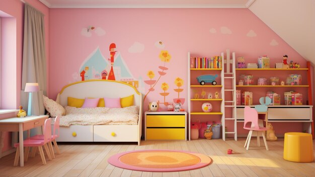 Interior of colorful kids bedroom for child girl Decorative baby room wooden detail