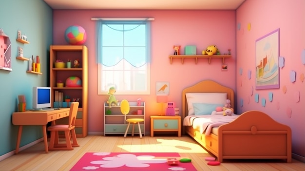 Interior of colorful kids bedroom for child girl Interior of modern baby room