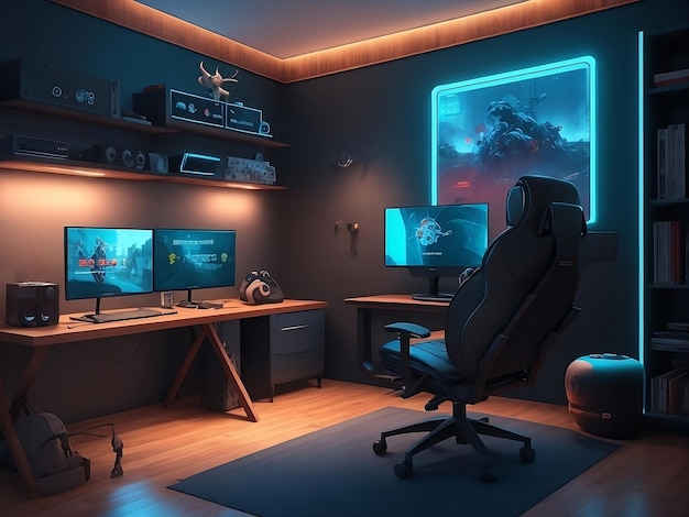 Interior of colorful modern gaming room with neon light Playing videogames watching movies hobby