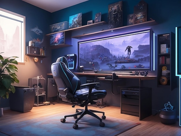 Interior of colorful modern gaming room with neon light. Playing  videogames, watching movies, hobby, entertainment and gaming concept.  Stock-Illustration